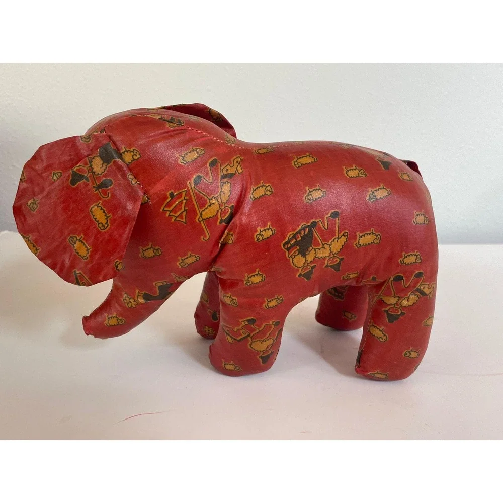 Vintage - Red Print Oil Cloth Stuffed ELEPHANT Toy/Decor - 7